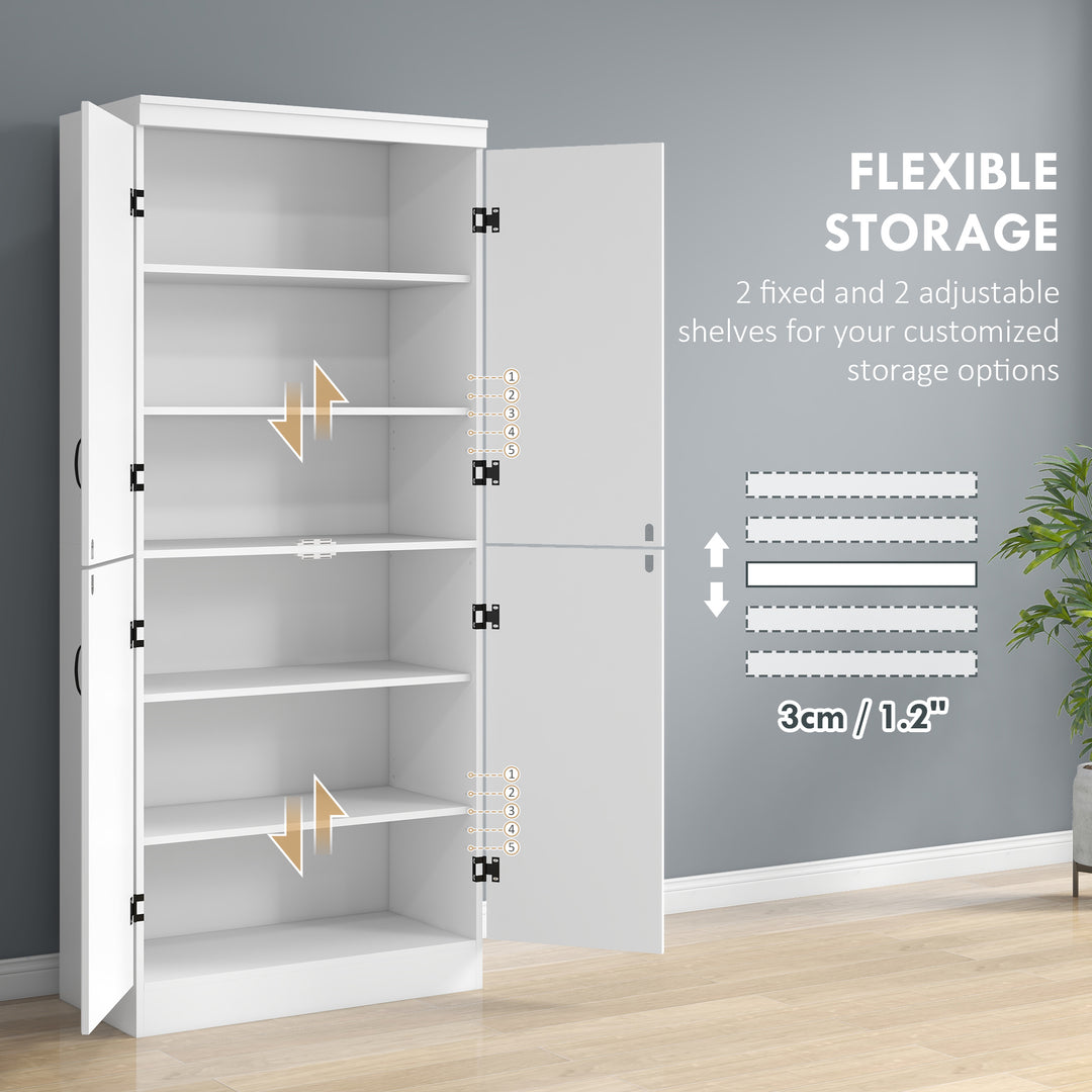 MCL 4-Door Tall Kitchen Cupboard, Freestanding 6-Tier Storage Cabinet with 2 Adjustable Shelves for Living Room, Dining Room, White