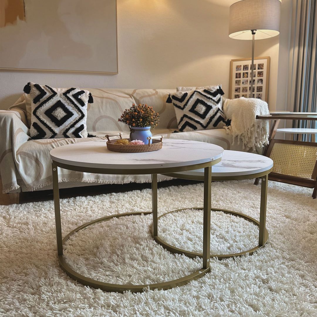 Coffee Table Set of 2, Round Nest of Tables with Faux Marble Tabletop and Metal Frame, Modern Side Tables for Living Room, White