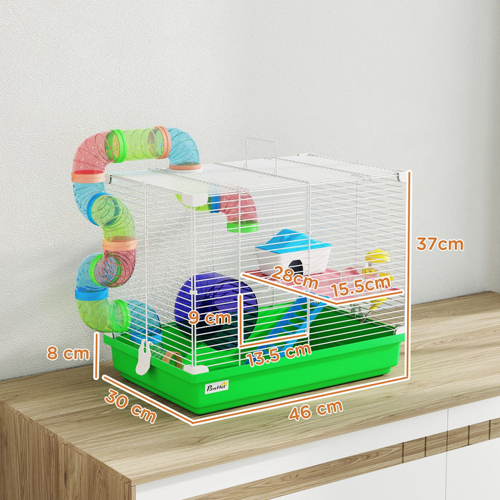 2 Tier Hamster Cage, Gerbil Cage with Handle, Exercise Wheels, Tunnel,