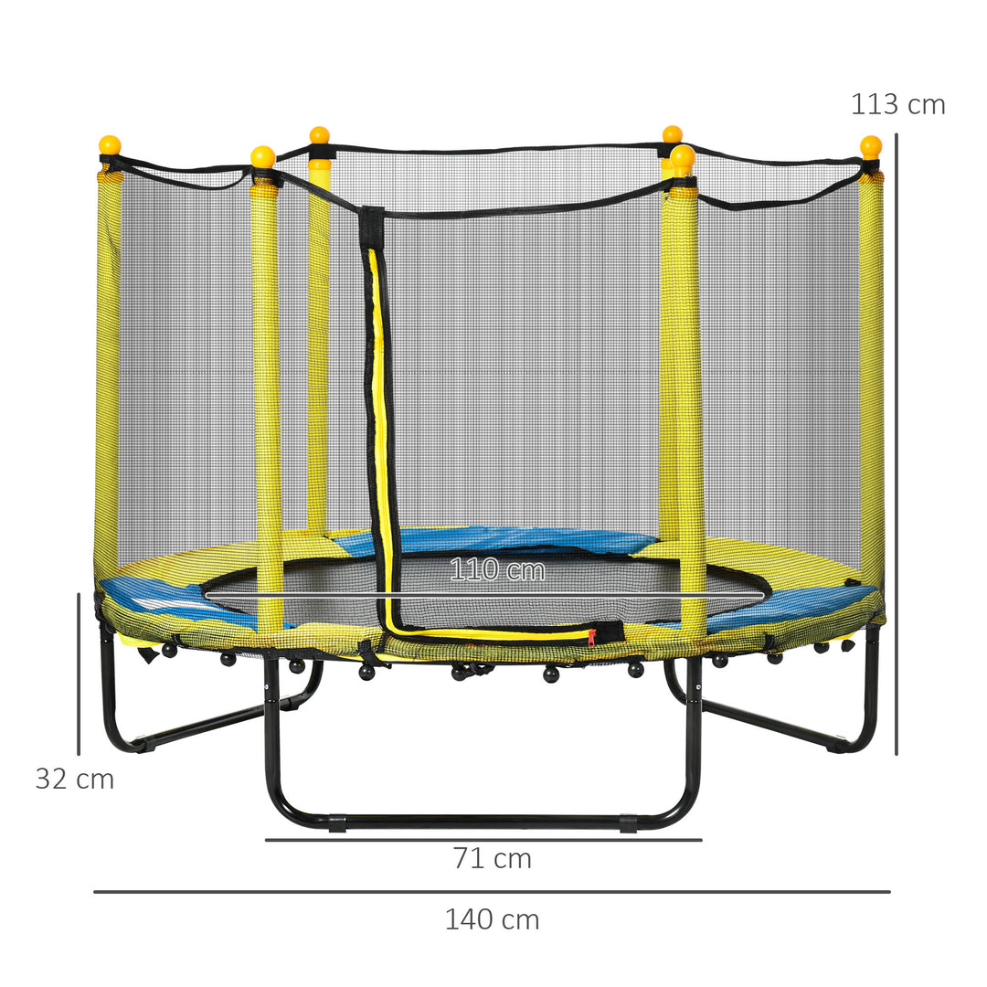 HOMCOM 4.6FT / 55 Inch Kids Trampoline with Enclosure Safety Net Pads Indoor Trampolines for Child 3-10 Years Old, Yellow | Aosom UK