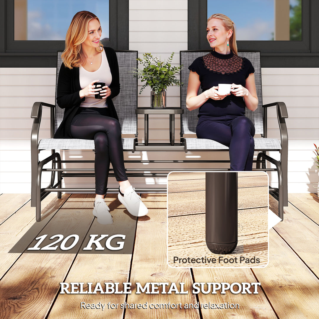 MCL 2 Seats Garden Glider Bench, Metal Frame Loveseat with Glass Top  Centre Table, Porch Rocking Glider for 2 Person, for Deck, Patio, Brown/ Grey