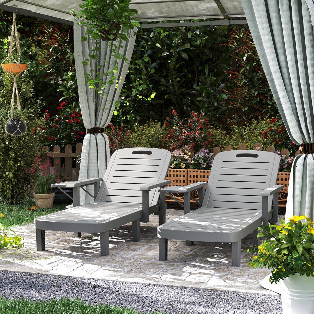 Set of 2 Resin Reclining Sun Loungers for Garden, 5 Positions Adjustable Outdoor Chaise Lounge Chairs with Wood Texture Surface, Armrests, Foldable Side Table for Garden, Beach, Dark Grey