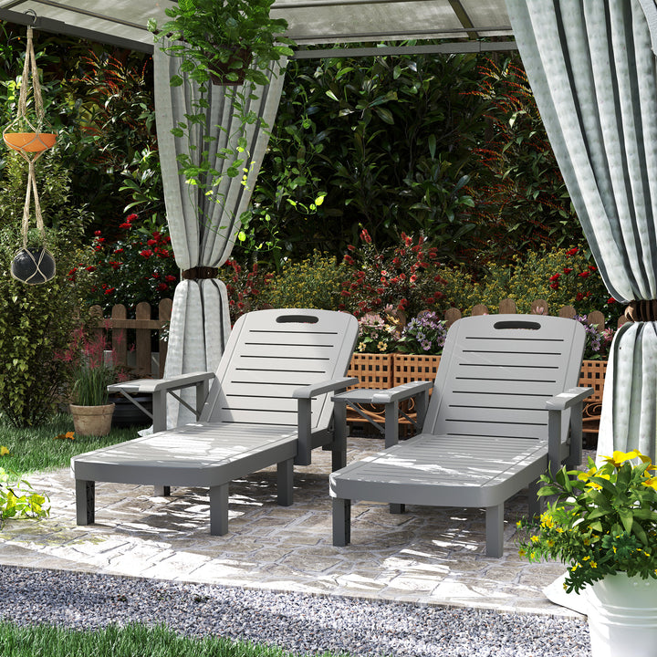 Set of 2 Resin Reclining Sun Loungers for Garden, 5 Positions Adjustable Outdoor Chaise Lounge Chairs with Wood Texture Surface, Armrests, Foldable Side Table for Garden, Beach, Dark Grey