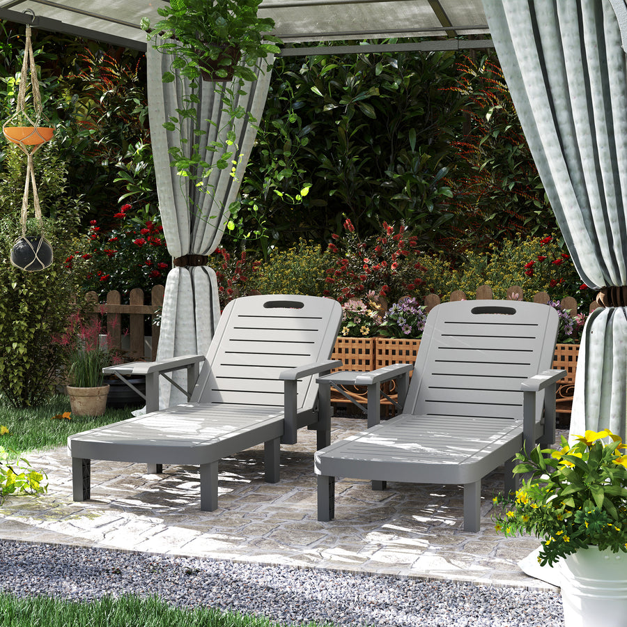 Set of 2 Resin Reclining Sun Loungers for Garden, 5 Positions Adjustable Outdoor Chaise Lounge Chairs with Wood Texture Surface, Armrests, Foldable Side Table for Garden, Beach, Dark Grey
