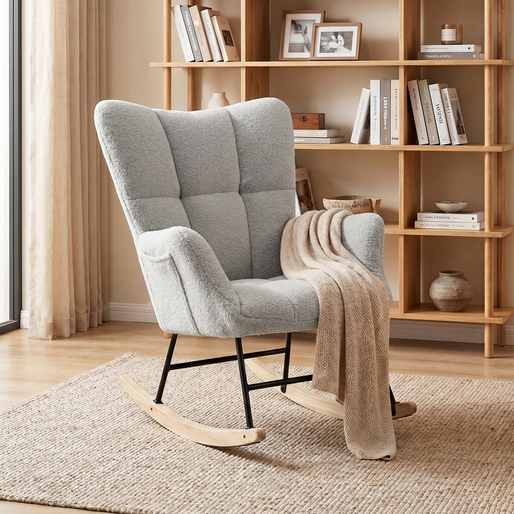 Rocking Chair, Teddy Fleece Rocker Chair with Tufted Wingback, Side Po