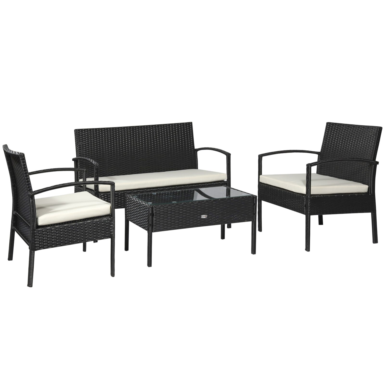 4 Pieces Rattan Garden Furniture Set, 4 Seater Garden Sofa Set with Loveseat, Armchairs and Glass Top Table, Wicker Conservatory Furniture with Cushions for Patio, Balcony, Black