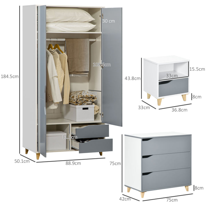 Bedroom Furniture Set, Wardrobe with Hanging Rail, 3 Drawer Chest of Drawers, Bedside Table with Drawer, Grey and White