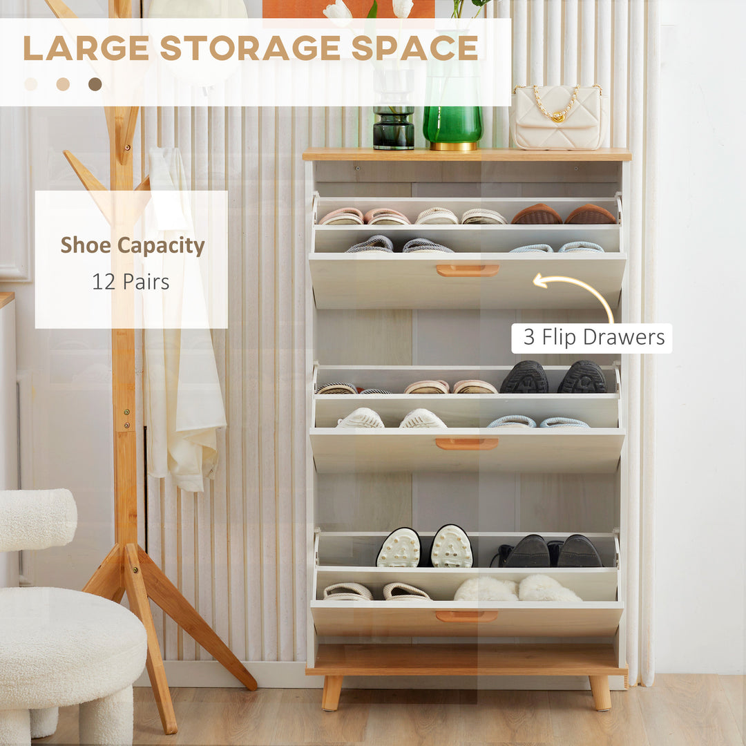 Narrow Shoe Cabinet, Slim Shoe Storage Cabinet with 3 Flip Drawers and Adjustable Shelves, 12 Pair of Shoes Organizer for Hallway, Entryway, Cream White