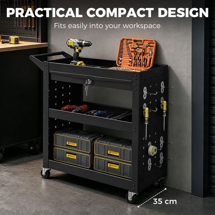 Tool Cart with Lockable Wheels, Rolling Workshop Cart with 3-Tier Tray