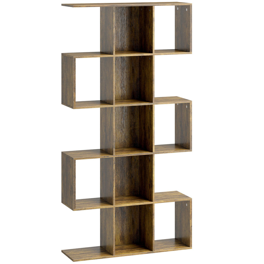 5-Tier Bookshelf, S Shaped Geometric Bookcase with 15 Compartments, Ru