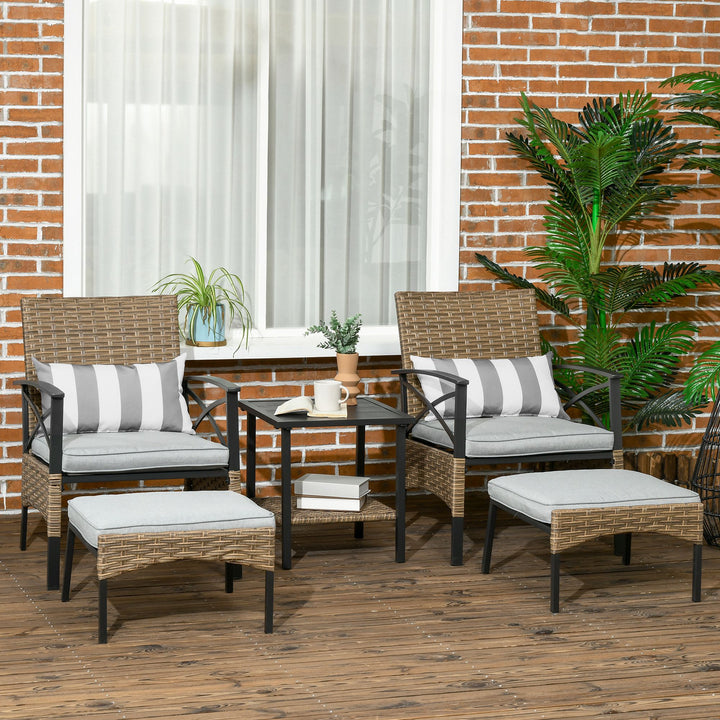 Outsunny 5 Piece PE Rattan Garden Furniture Set, 2 Armchairs, 2 Stools, Steel Tabletop with Wicker Shelf, Padded Outdoor Seating, Grey