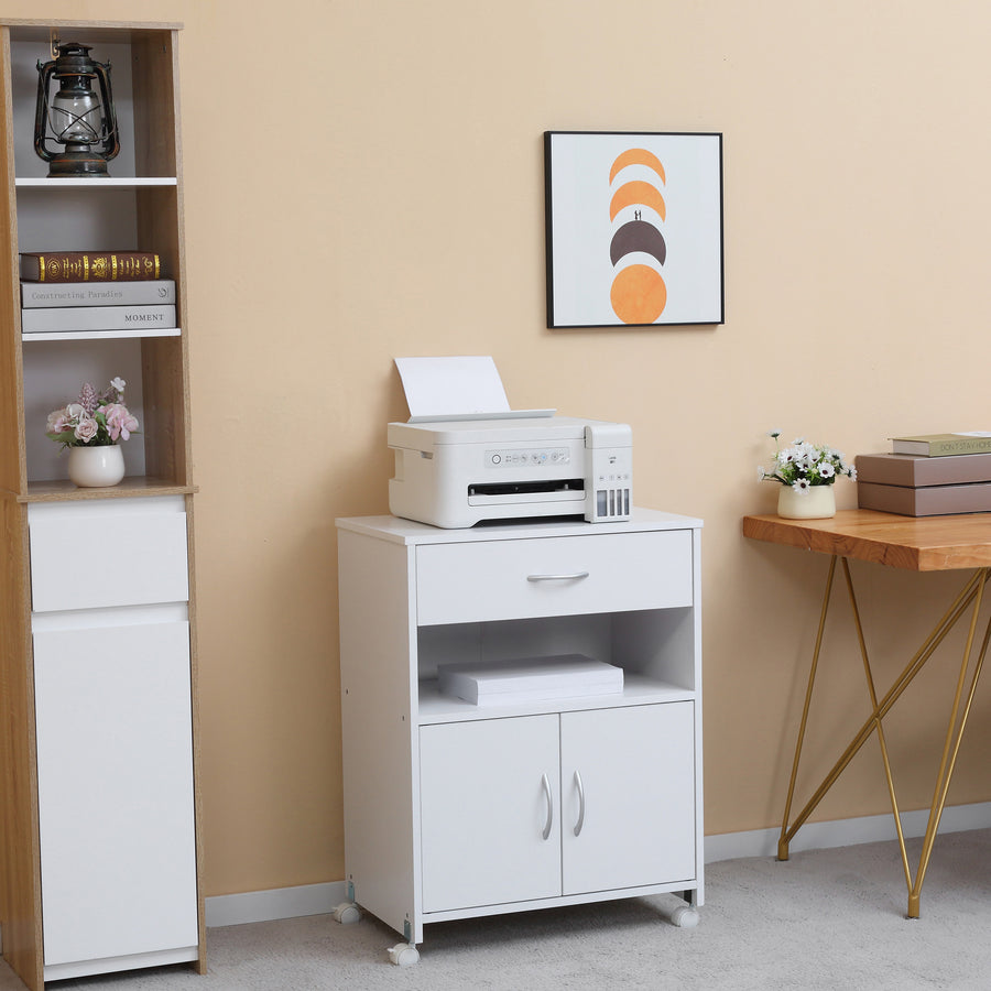 Printer Stand Mobile Printer Cabinet with Storage, Open Shelf, Drawer for Home Office, 60cm x 39cm x 80cm, White