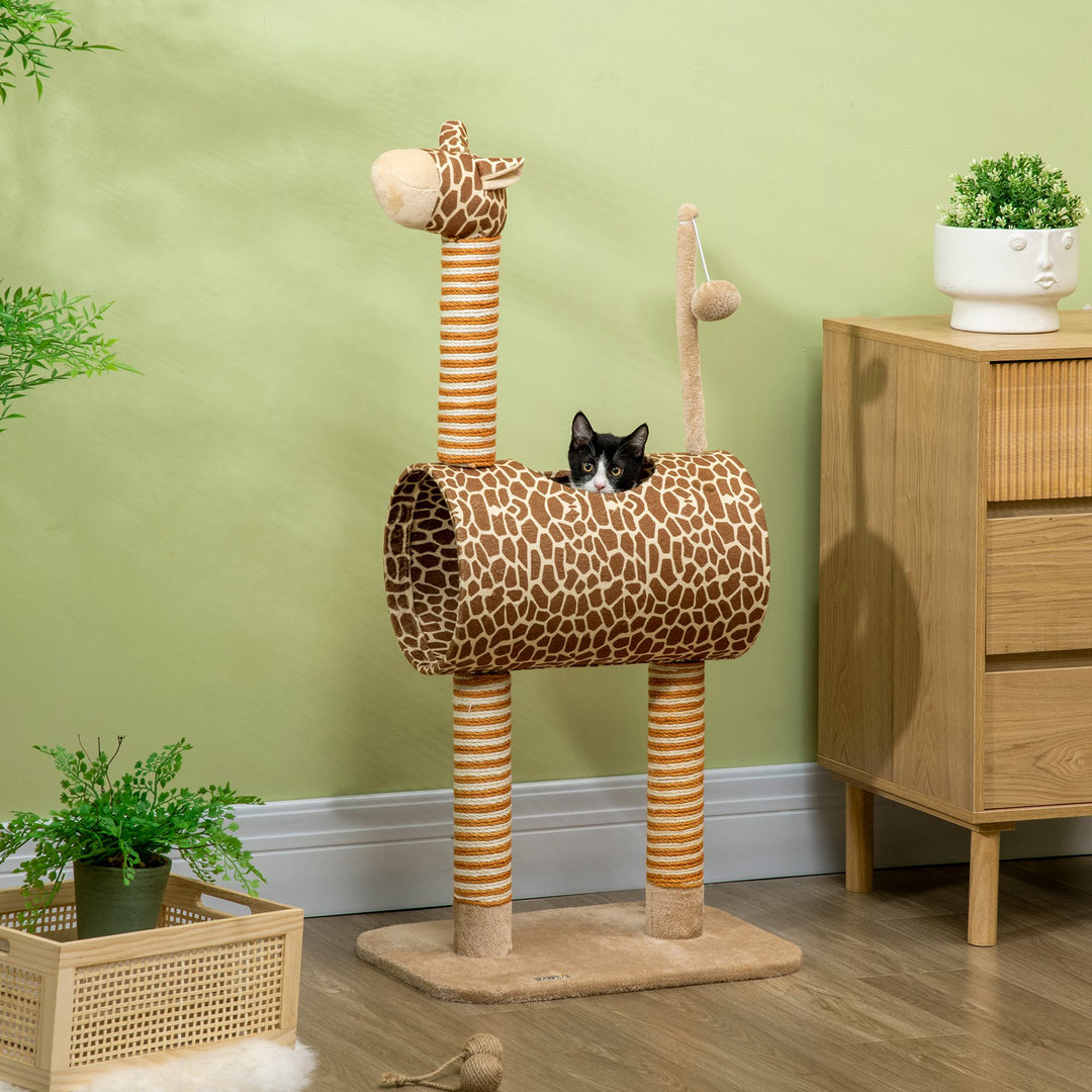 PawHut Giraffe Cat Tree, Indoor Play Tower with Scratching Posts, Tunnel, Ball Toy, 48.5 x 34.5 x 101 cm | Aosom UK