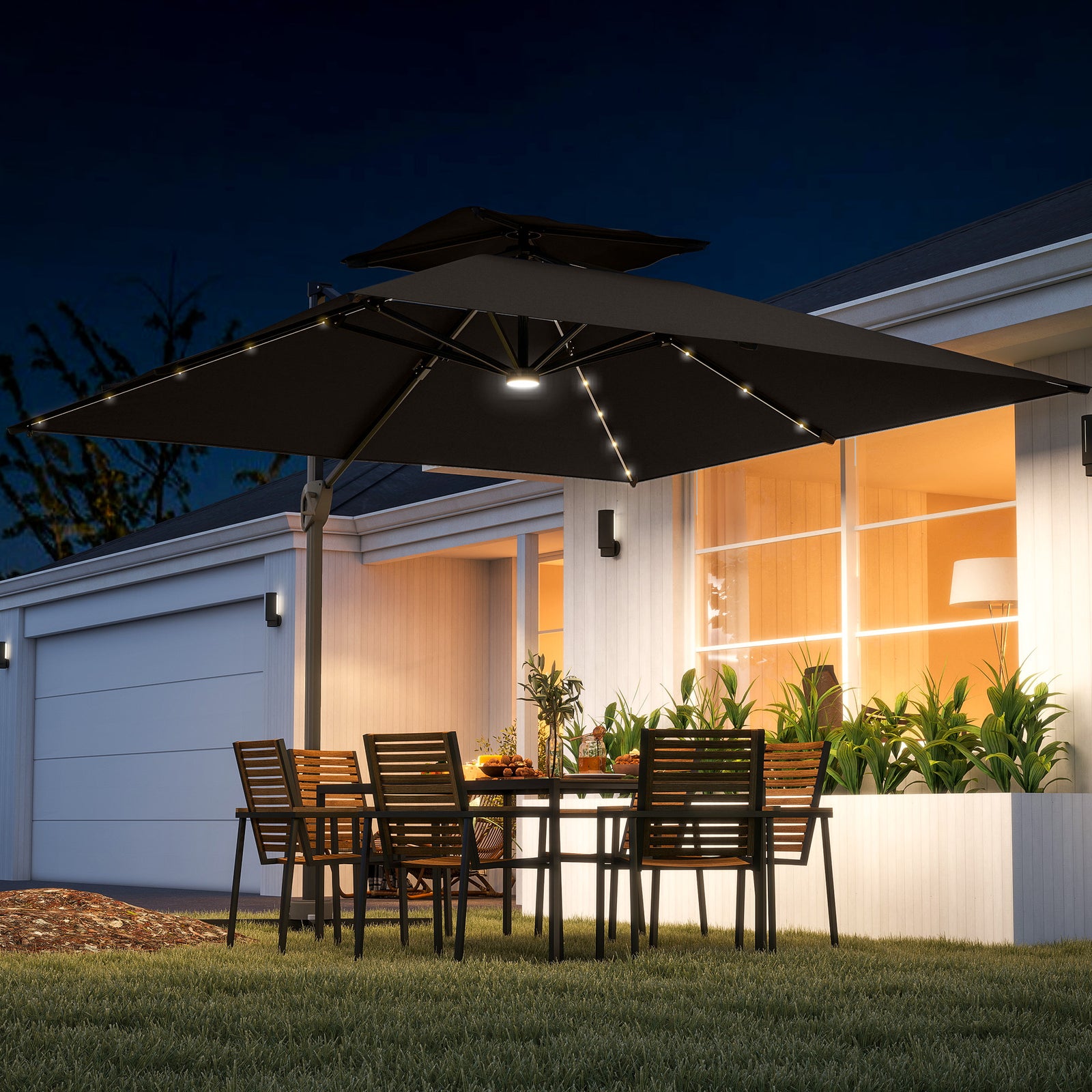 3.5x3 m Garden Cantilever Parasol with Solar LED Lights and Centre Light, Aluminium Large Square Patio Umbrella, UPF50+ Hanging Sun Shade with Cross Base, Crank Handle and Tilt, Grey