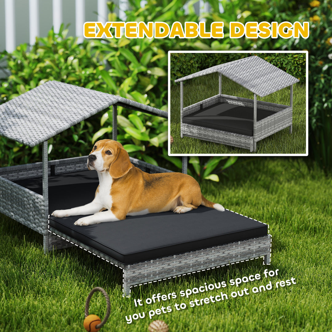 Extendable Elevated Dog Bed, Rattan Dog House, with Water-Resistant Roof, Removable Cushion, Charcoal Grey
