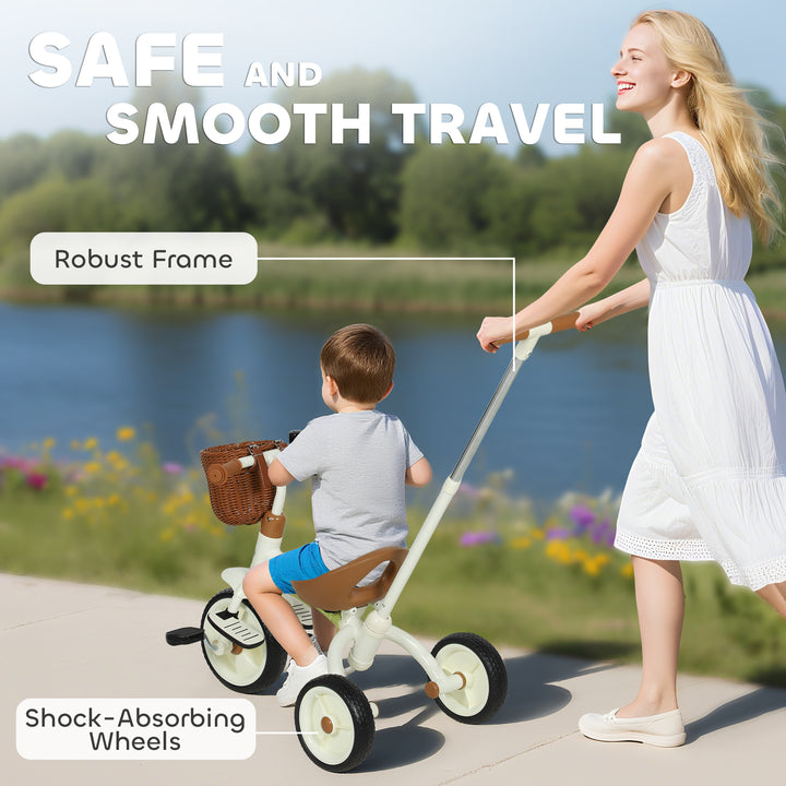 AIYAPLAY 2-In-1 Toddler Trike for 2-5 Years Old, 3 Wheel Bike with Adjustable Parent Handle, Basket for Boys and Girls, White