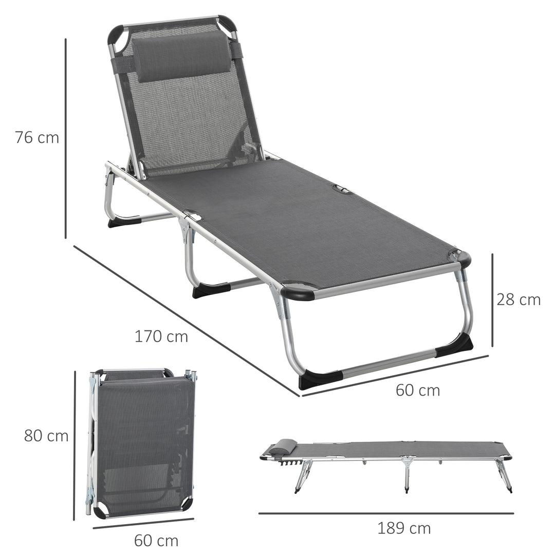Foldable Outdoor Sun Loungers Set of 2, Reclining Lounge Chair Camping Bed Cot with Pillow 4-Level Adjustable Back Aluminium Frame, Grey