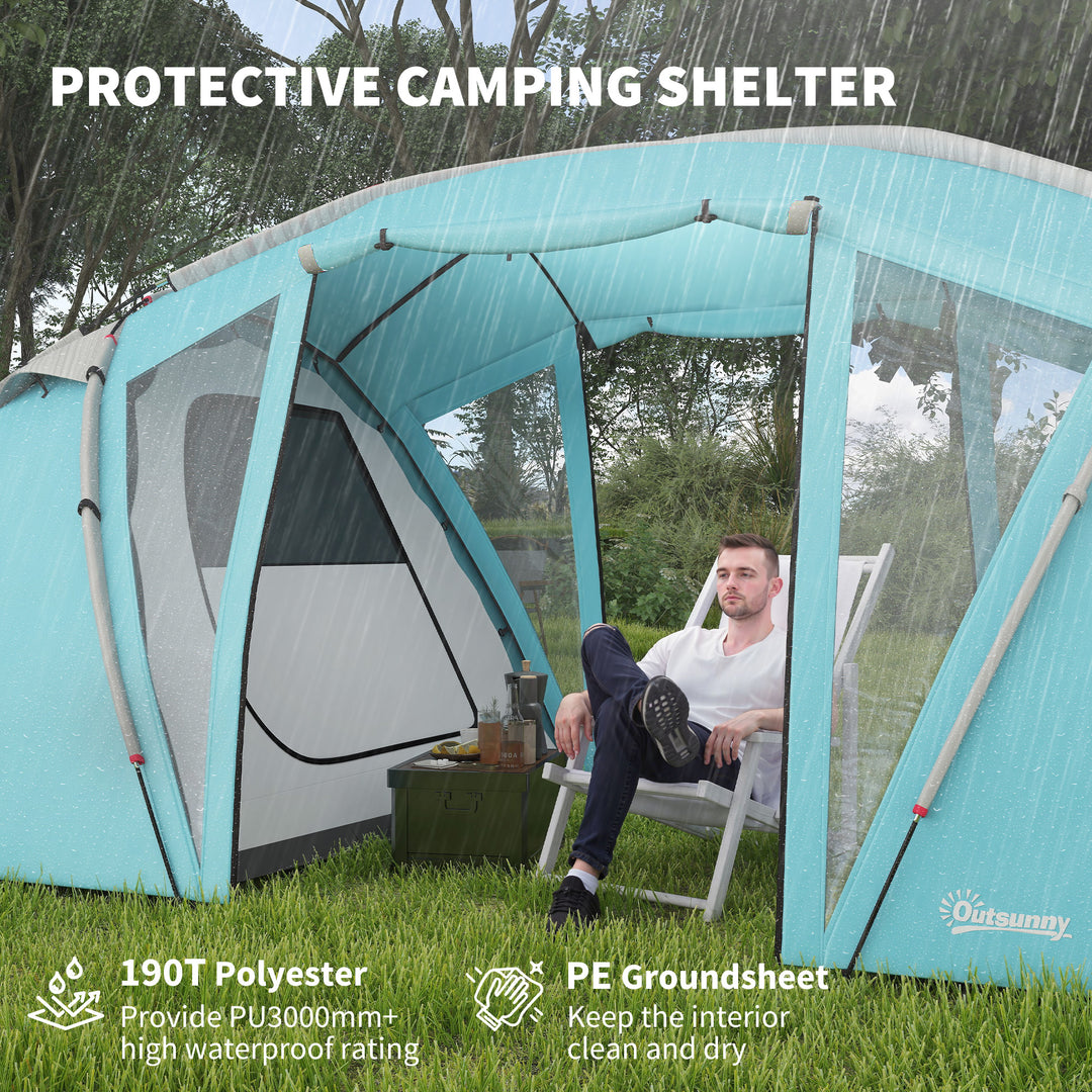 4-6 Man Family Camping Tent w/ 2 Bedrooms and a Living Room, Waterproof Tunnel Tent w/ Sewn In Groundsheet, Doors, Windows, Carry Bag, Blue