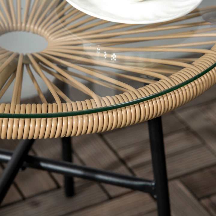 Rattan Side Table, Round Outdoor Coffee Table, with Round PE Rattan and Tempered Glass Tabletop for Patio, Garden, Balcony, Beige