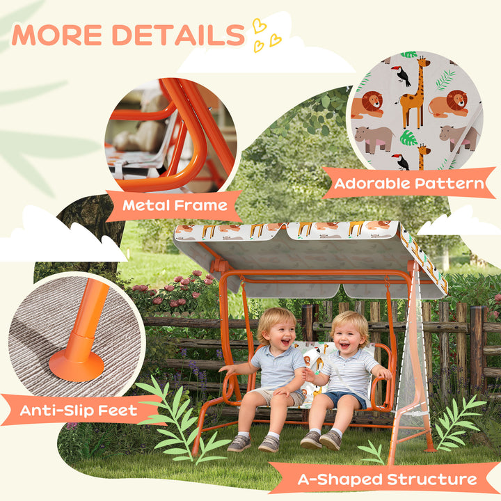 Kids Porch Swing, 2-Seater Patio Swing Bench Hammock with Seat Belts, Adjustable Canopy for Garden - Orange/White