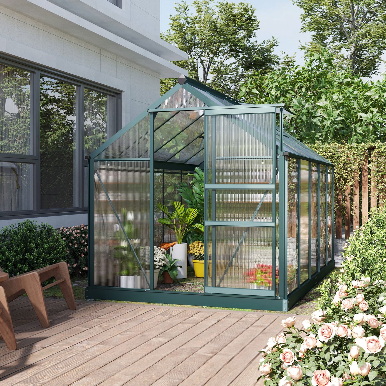 6 x 10ft Polycarbonate Greenhouse, Large Walk-In Green House with Slide Door and Window, Garden Plants Grow House with Aluminium Frame and Foundation, Dark Green