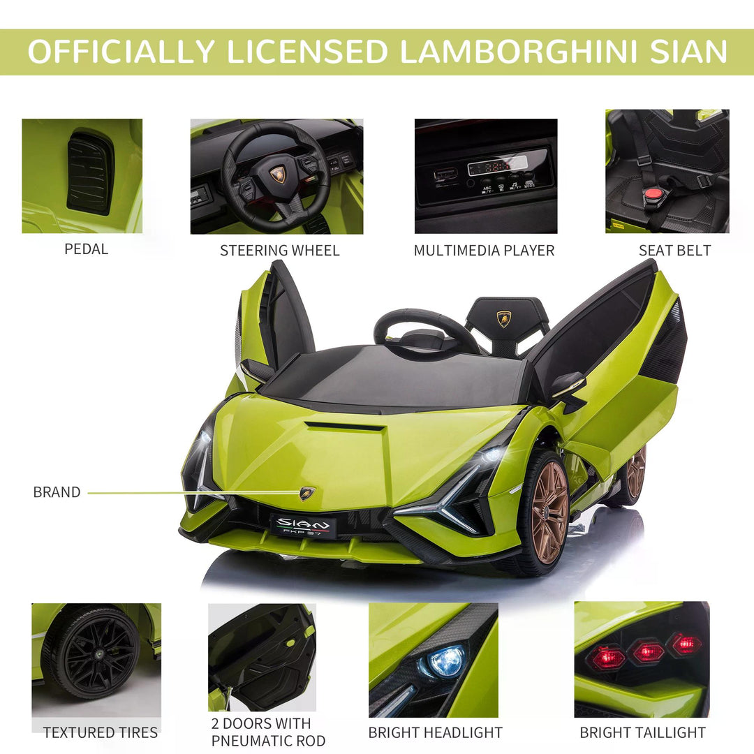 HOMCOM Compatible 12V Battery-powered Kids Electric Ride On Car Lamborghini SIAN Toy with Parental Remote Lights MP3 for 3-5 Years Green | Aosom UK