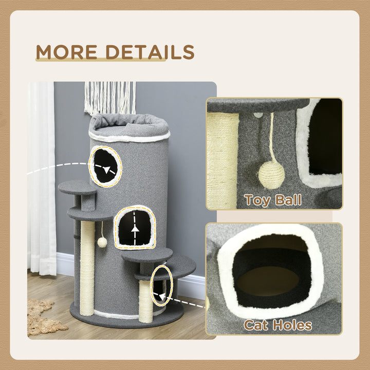 PawHut Barrel Shaped Cat Tree with Sisal Scratching Posts, Cat Bed, Platforms, Hanging Ball, Grey, Grey | Aosom UK