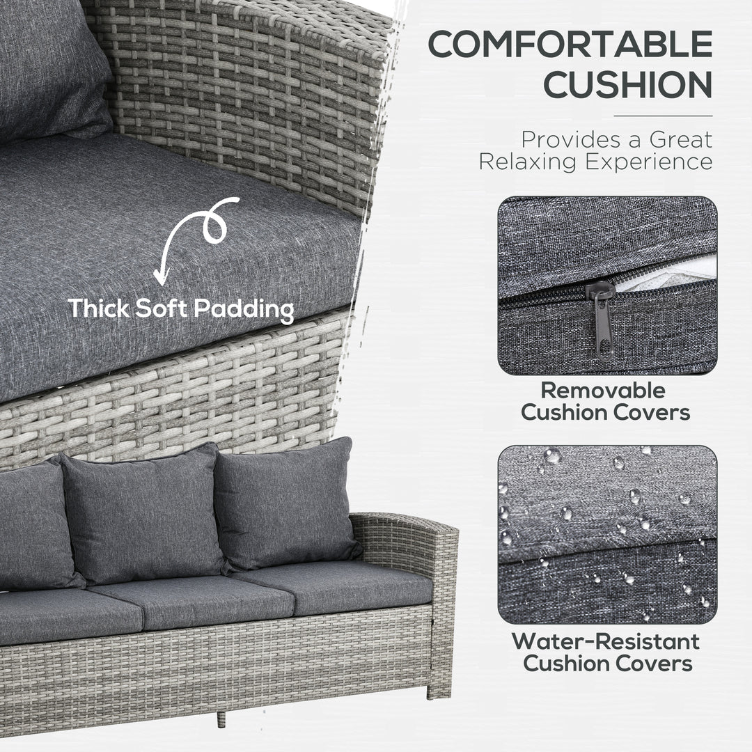 MCL 6 Pieces PE Rattan Garden Furniture Set with Three-seat, Armchairs and Footstools, Aluminium Patio Wicker Dining Sets w/ Glass Top Dining Table, Soft Cushion, Light Grey