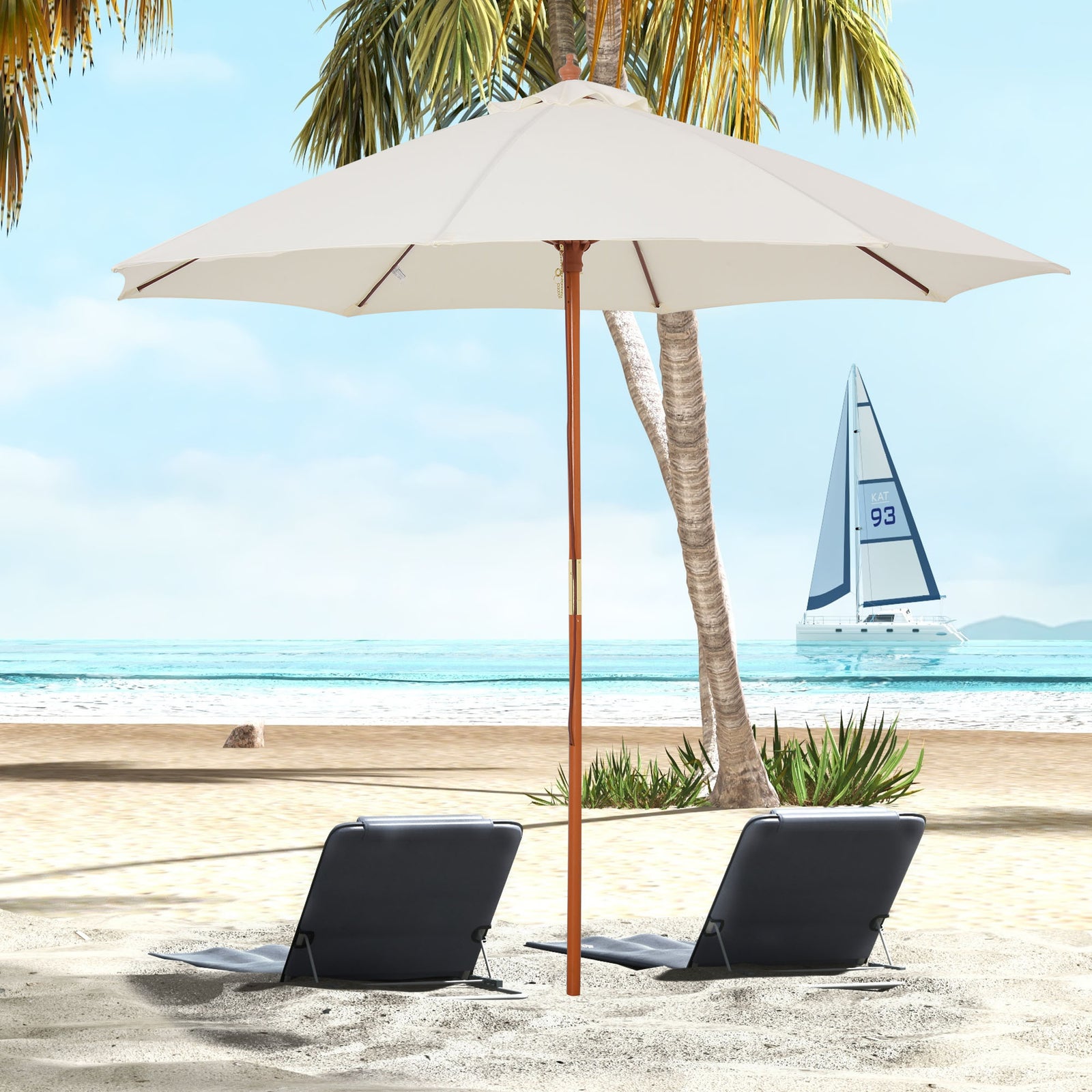 2.5m Garden Parasol Umbrella, Outdoor Market Table Umbrella with Wooden Pole & 8 Fibre Glass Ribs, Round Sun Shade Canopy, Off-White