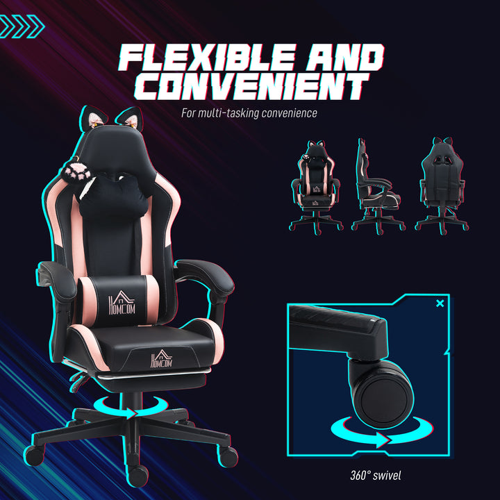 Cat Ear and Paw Reclining Office Chair, with Footrest - Black/Pink