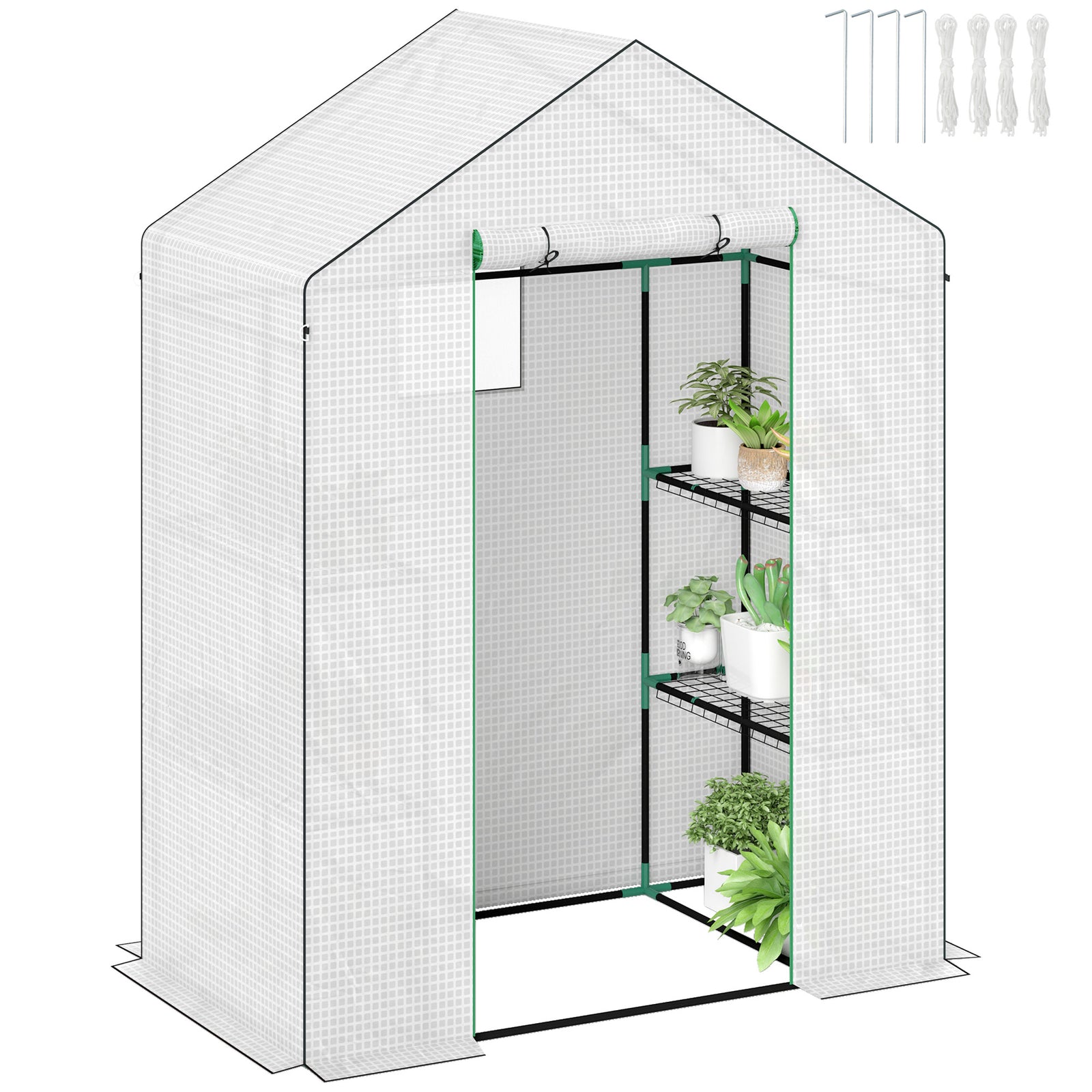 143 x 74cm Walk-In Greenhouse, with Shelves - White