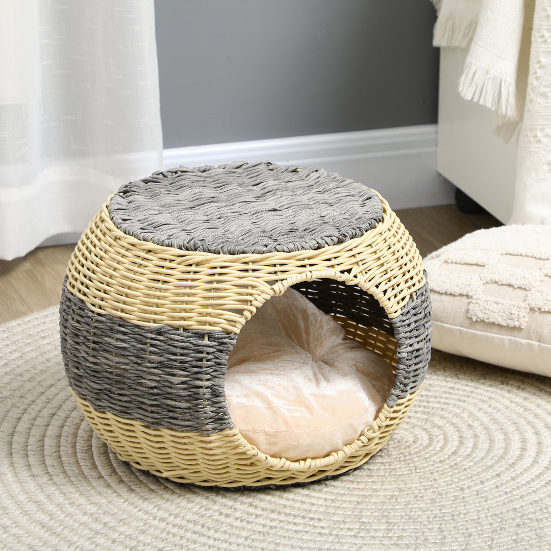 PawHut Wicker Cat Bed, Rattan Raised Cosy Kitten Cave, with Soft Washable Cushion, 妗?0 x 30cm | Aosom UK