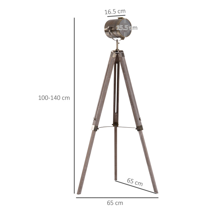 Industrial Tripod Floor Lamp, Nautical Searchlight with Adjustable Height, Wood Legs, E14 Lamp Base for Living Room, Bedroom, Grey and Bronze