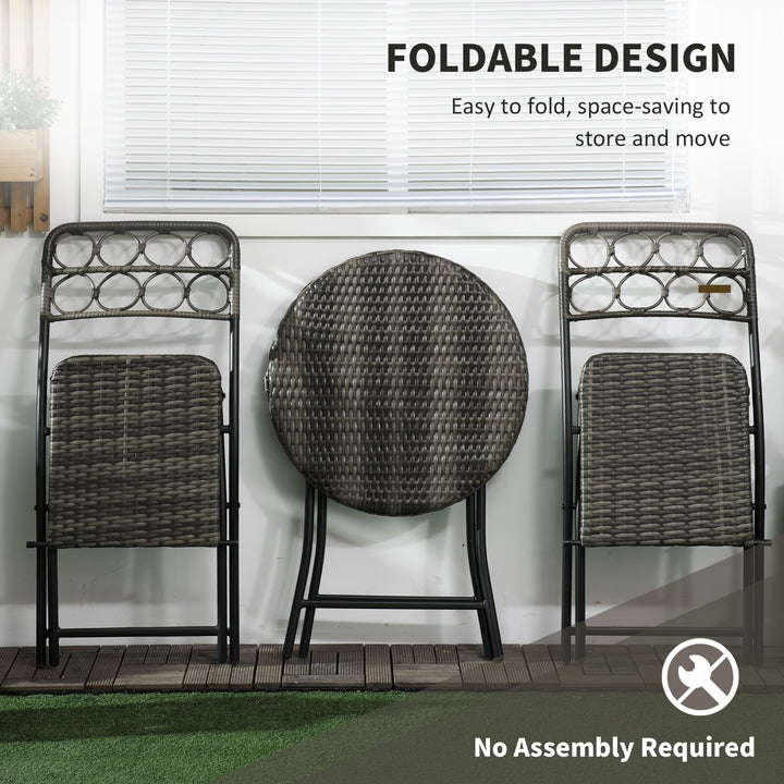 3 Pieces Rattan Bistro Set, Wicker Folding Garden Furniture Set with Coffee Table and Chairs for Outdoor, Patio, Balcony, Grey