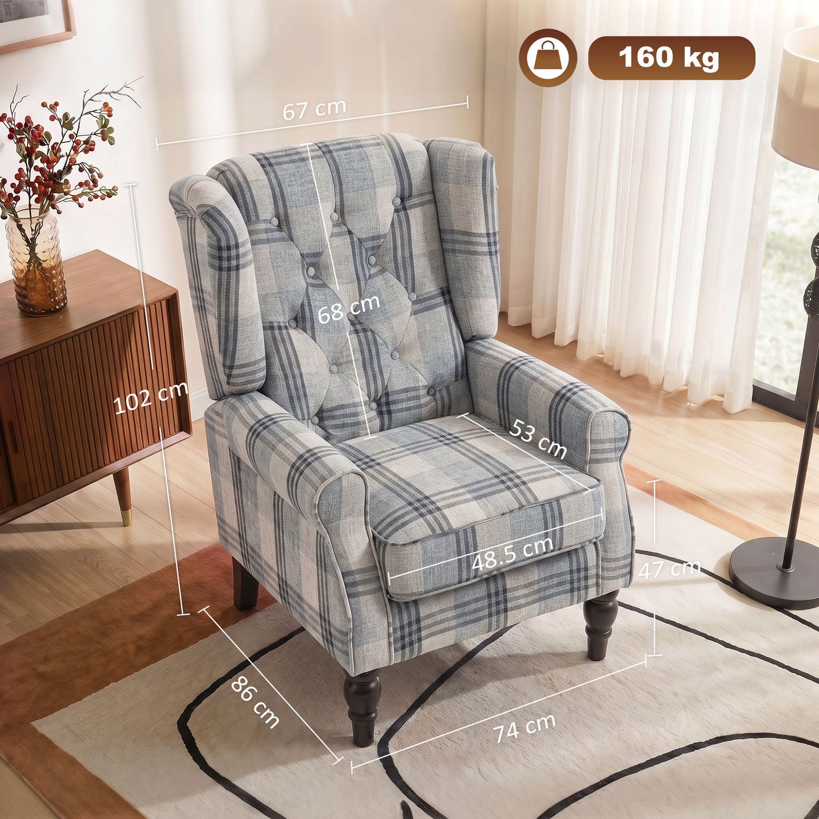 Faux Linen Armchair with Thick Spring Cushion, Wingback Accent Chair w