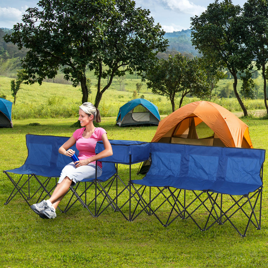 6 Seat Folding Sports Bench Portable Sports Team Bench Spectator Chair with Cooler Bag and Carrying Bag for Outdoor Picnic Camping - Blue