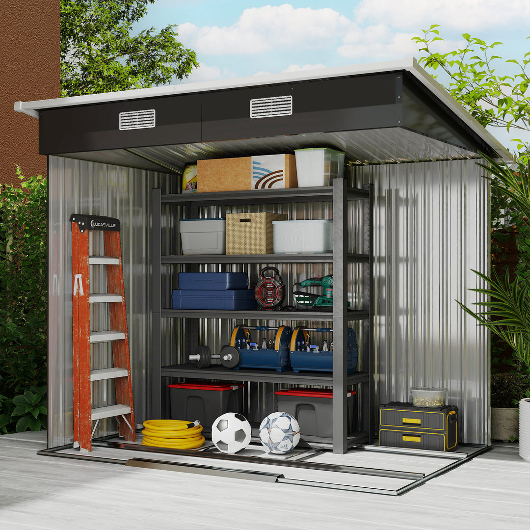 7 x 4ft Outdoor Storage Shed with Foundation Kit, Lean to Metal Garden Shed for Log, Rubbish Bin, Tool, Lawnmower, Bike, Patio and Lawn Use, Black