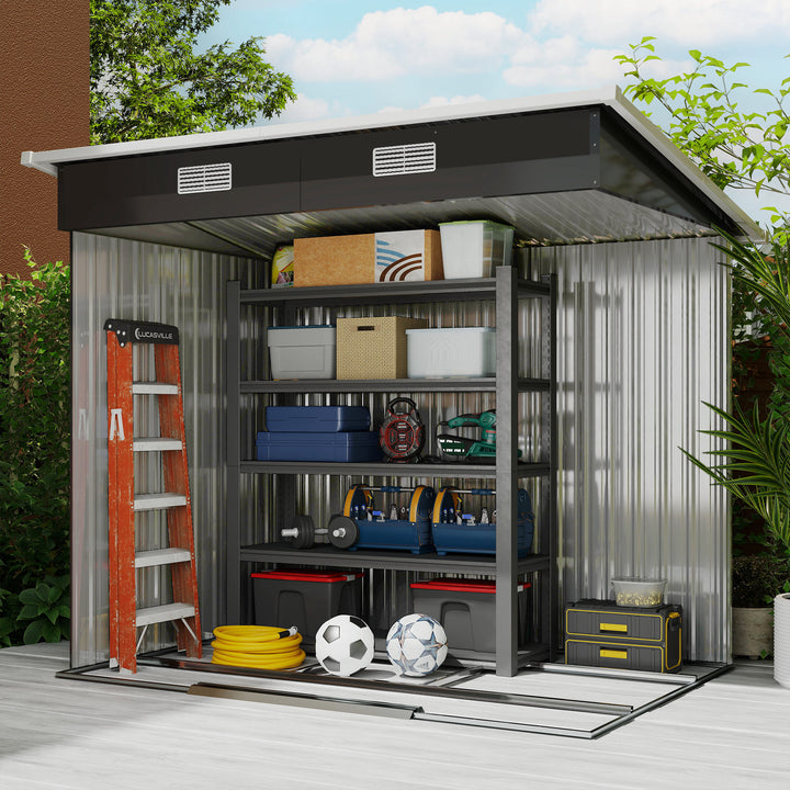 7 x 4ft Outdoor Storage Shed with Foundation Kit, Lean to Metal Garden Shed for Log, Rubbish Bin, Tool, Lawnmower, Bike, Patio and Lawn Use, Black