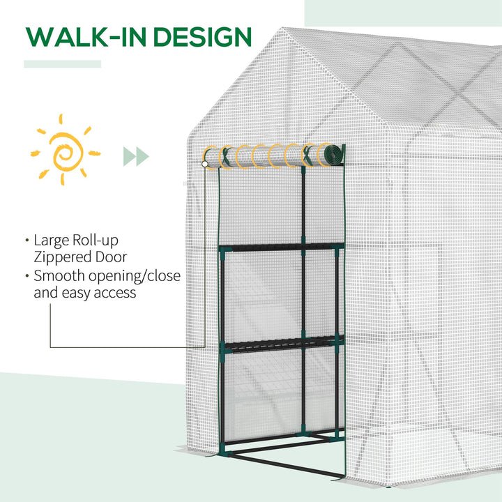Walk In Greenhouse with 2 Tier Shelf, Portable Gardening Plant Grow House Tomato Greenhouse with Roll up Zip Panel Door, Reinforced PE Cover, 143 x 143 x 195cm, Green