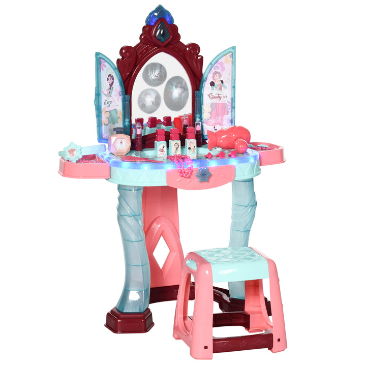 HOMCOM 31 Piece Children's Dressing Table Set with Enchanted Princess Mirror, Musical and Light-Up Beauty Kit, for Ages 3-6, Blue and Pink | Aosom UK