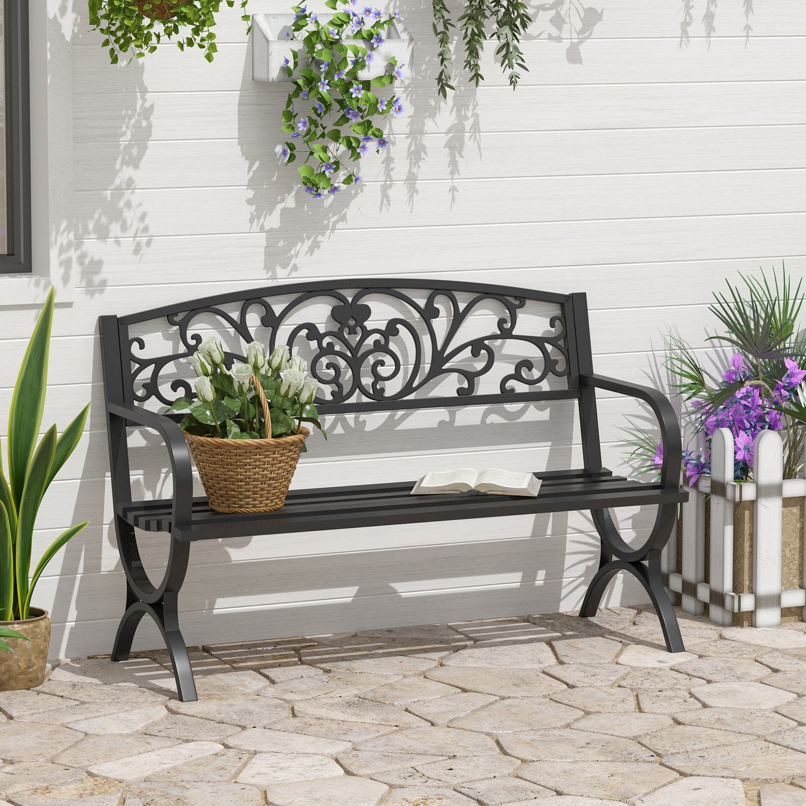 127L x 60W x 85H cm Powder Coated Garden Bench for Patio Backyard, Steel-Black