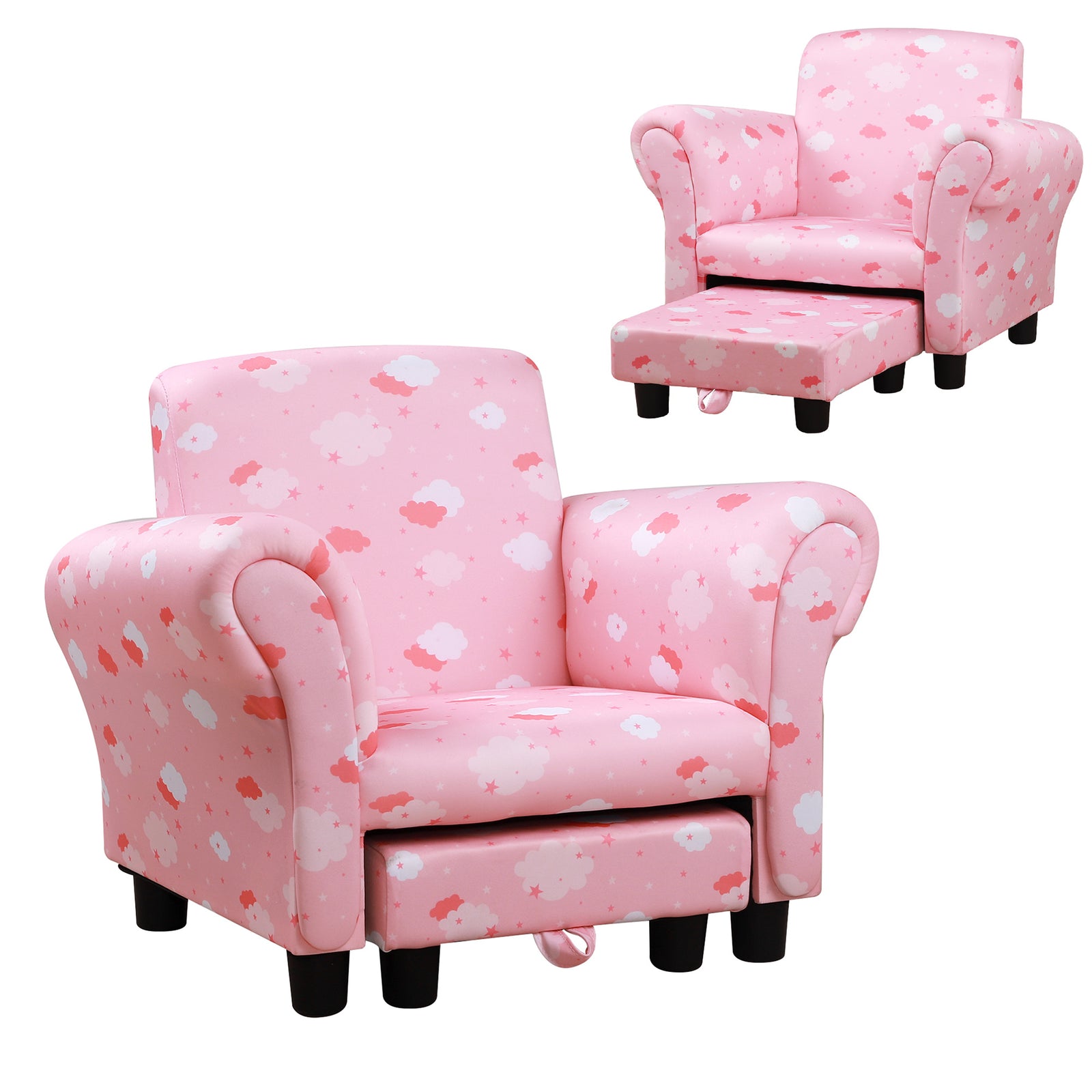 Toddler Chair Children's Armchairs Wood Frame w/ Footrest Anti-Slip Legs High Back Arms for Bedroom Playroom Cute Cloud Star Pink