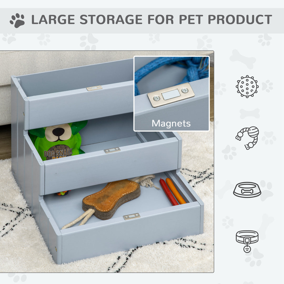 MCL 3 Step Wooden Dog Steps Pet Stairs for Dogs, Cat Ladder for Bed Couch with Storage Grey