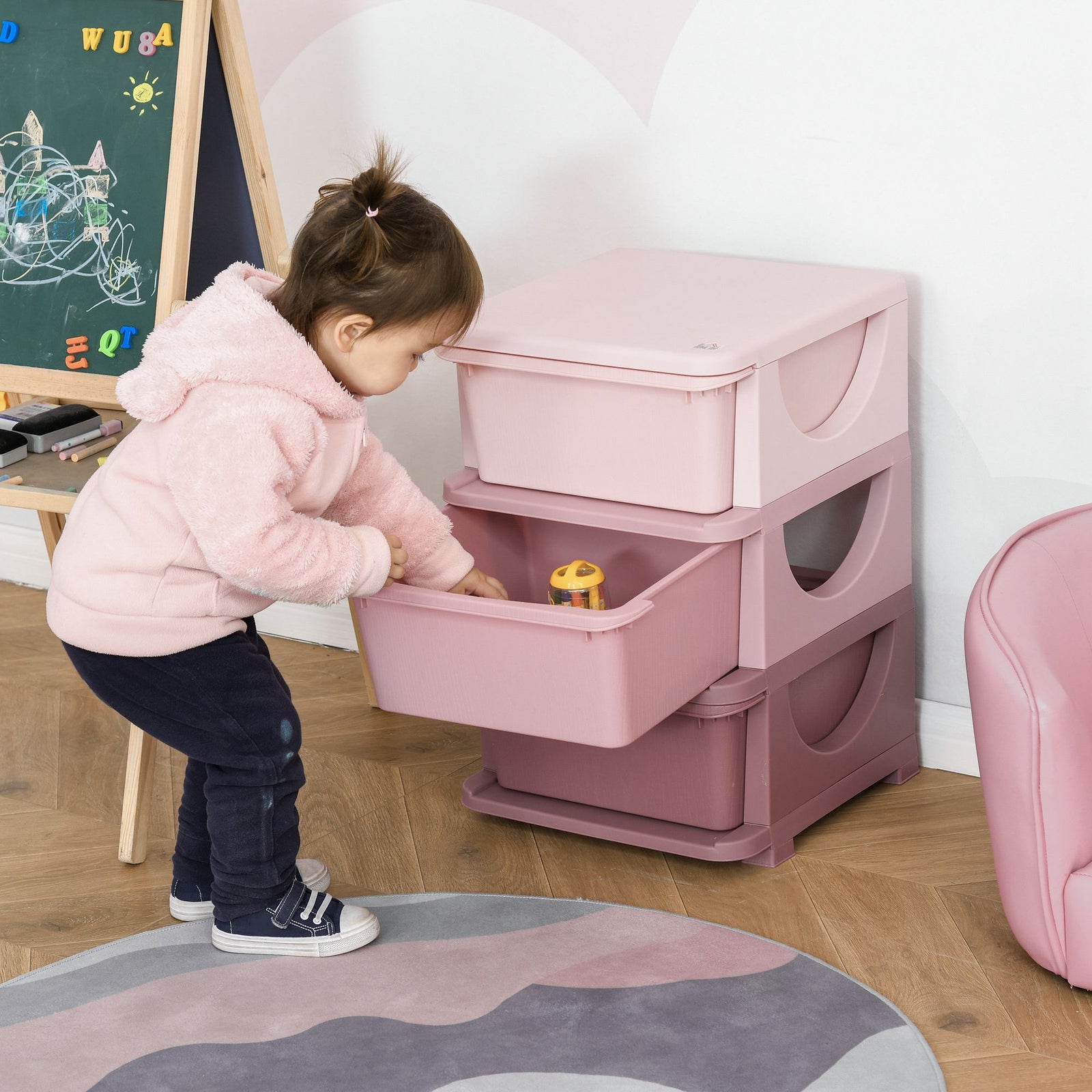 Kids Storage Units with 3 Drawers 3 Tier Chest Vertical Dresser Tower Toy Organiser for Nursery Playroom Kindergarten Pink