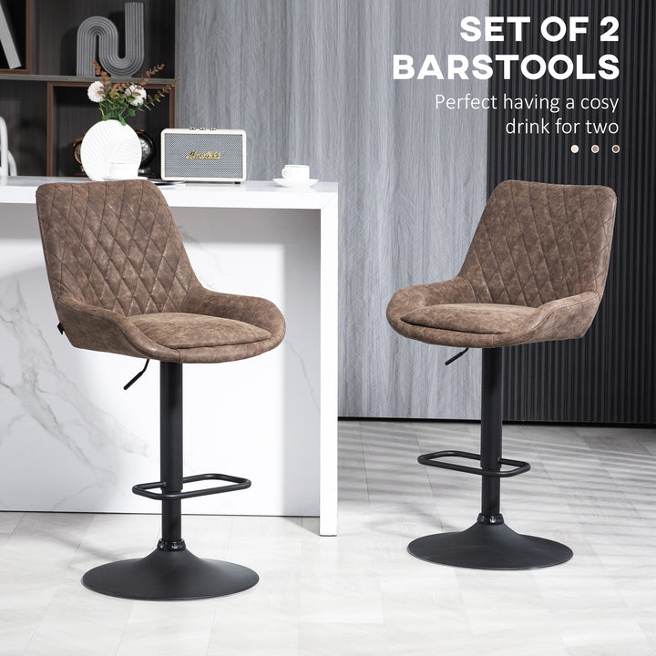 HOMCOM Retro Bar Stools Set of 2, Adjustable Kitchen Stool, Upholstered Bar Chairs with Back, Swivel Seat, Coffee