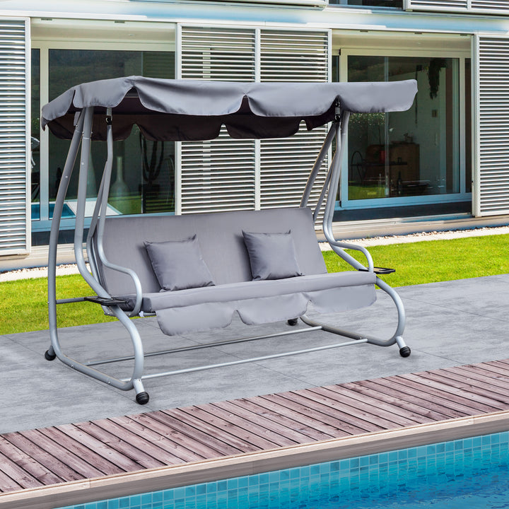 Outsunny 2-in-1 Garden Swing Seat Bed 3 Seater Swing Chair Hammock Bench Bed with Tilting Canopy and 2 Cushions, Grey | Aosom UK