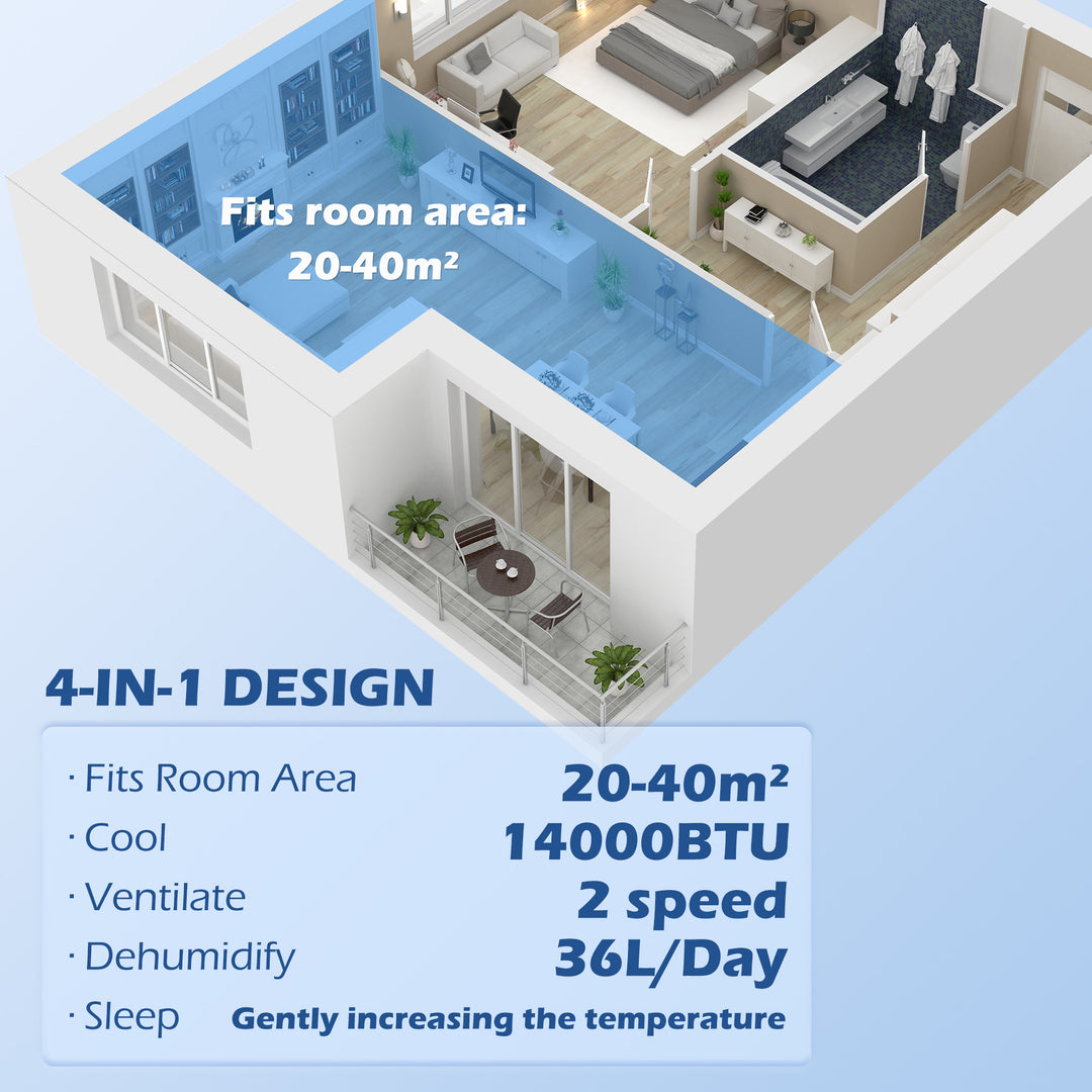 HOMCOM 14,000 BTU Mobile Air Conditioner for Room up to 40m², with Dehumidifier, Sleep Mode, 24H Timer On/off, Wheels | Aosom UK