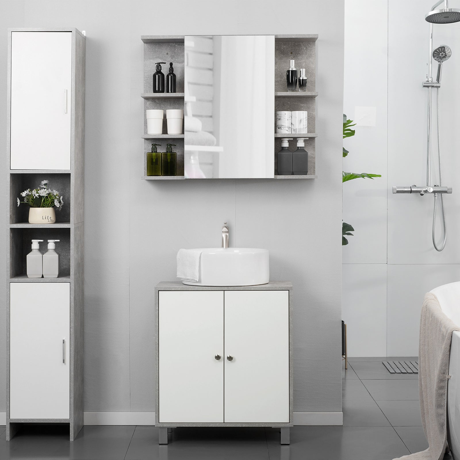 Under Sink Cabinet, Bathroom Vanity Unit, Storage Cupboard with Adjustable Shelves, White and Grey