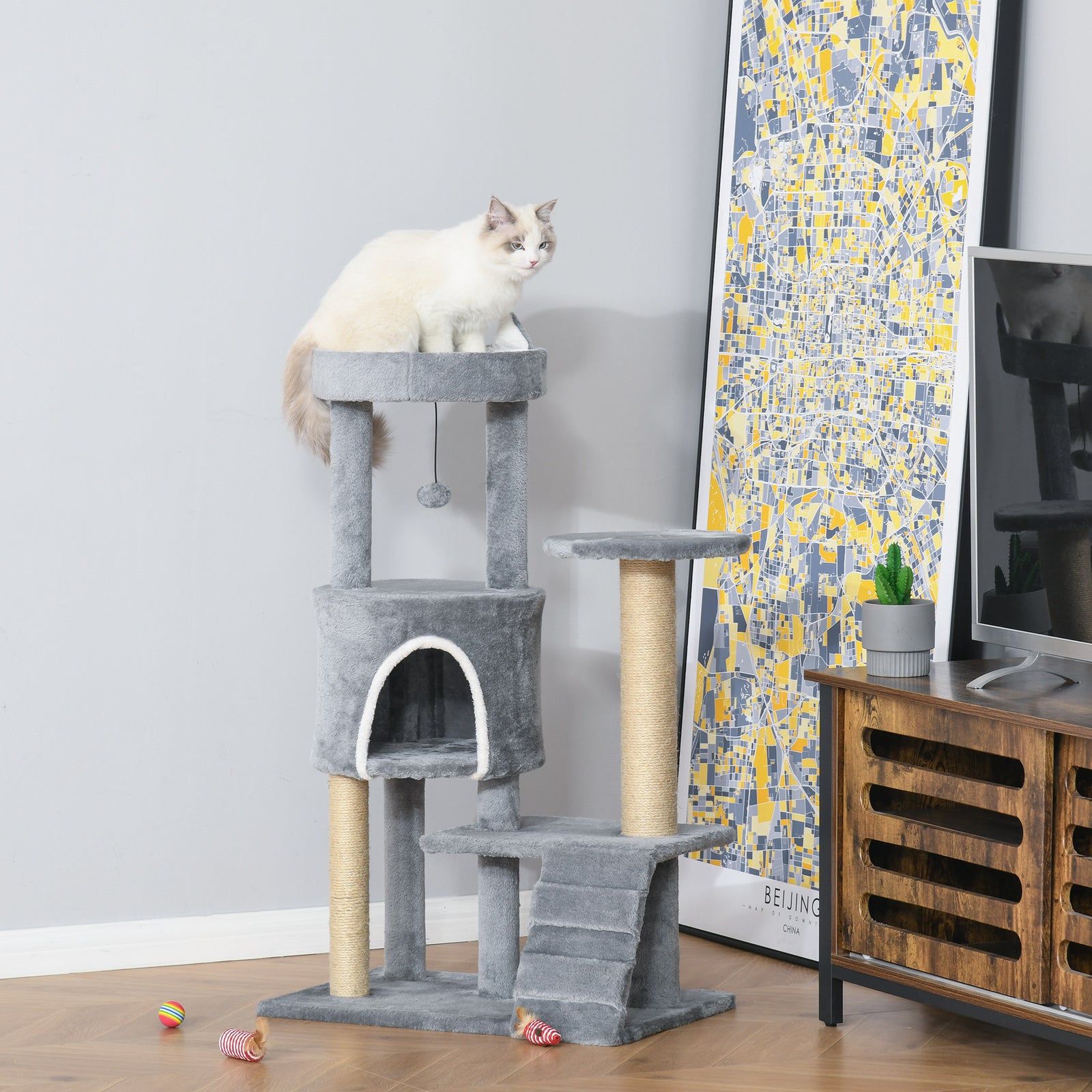 100 cm Cat Tree, Cat Condo Tree Tower for Indoor Cats, Cat Activity Centre with Scratching Posts, Plush Perch, Ladder, Hanging Ball - Light Grey