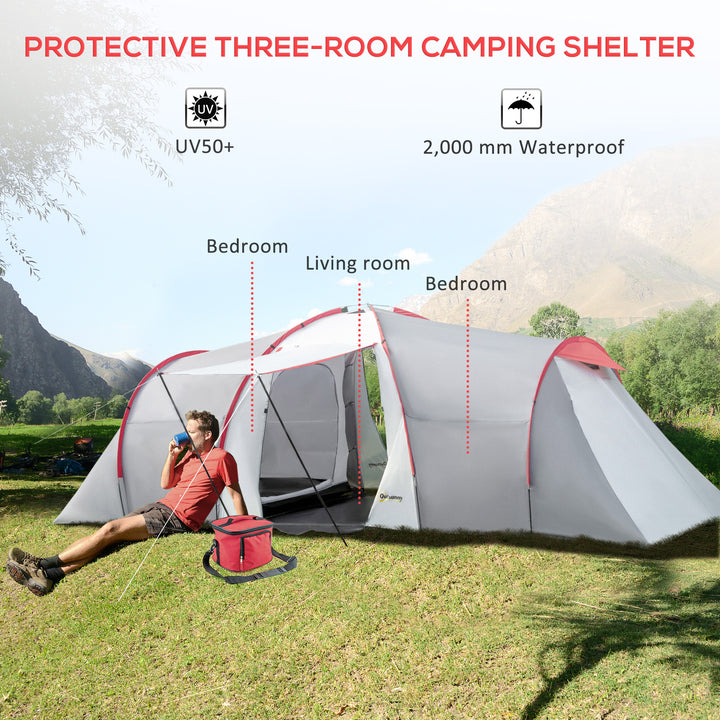 Four-Man Tunnel Tent, with Two Bedrooms and Living Room - Grey/Red